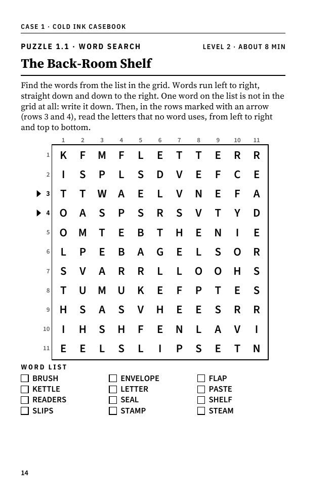 Word search grid from Puzzle 1.1 of Case 1
